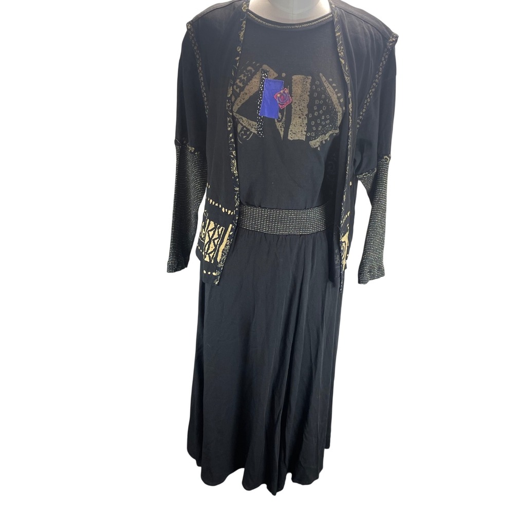 K.D. Spings 80s Vintage 3 Piece Dress Set Artwear Abstract Black Gold Women L